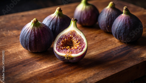 Fresh Fig Sliced in Half on Rustic Wooden Cutting Board photo