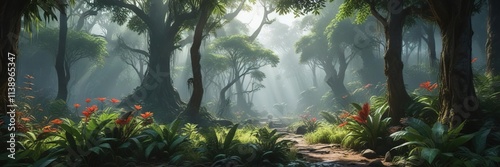 Rainforest landscape with Balanophora plants growing in a shaded area, verdant, plant life, greenery photo