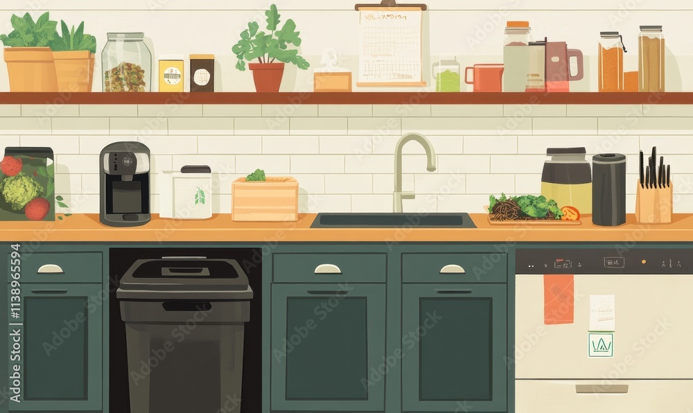 A modern kitchen with plants, appliances, and organized storage. A modern kitchen with plants, appliances, and organized storage.
