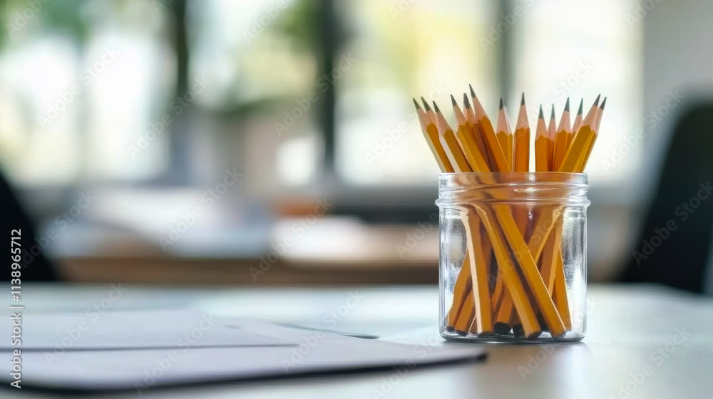 collection of sharpened pencils in a clear jar on a desk