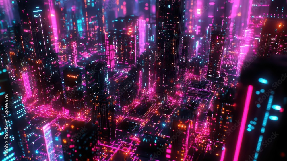 A vibrant, futuristic cityscape illuminated by neon lights.