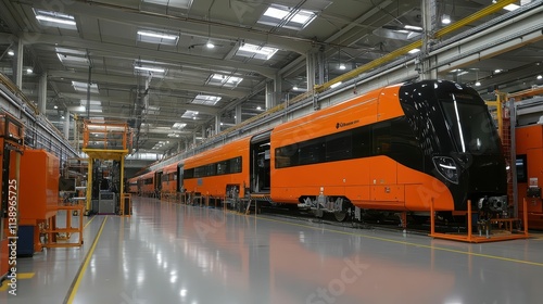 A modern train assembly line showcasing orange trains in a factory.
