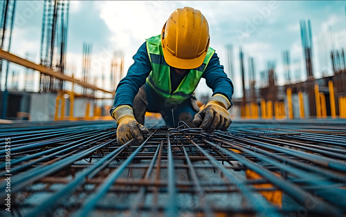 A construction worker is working on steel bars at a construction site They are wearing a yellow helmet and a green vest over a blue shirt with gloves on their hands