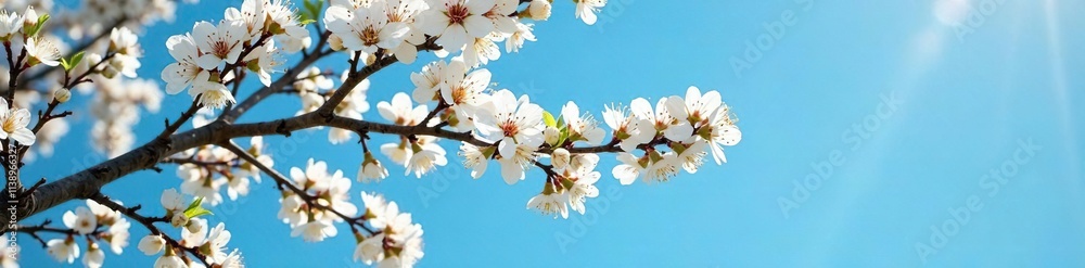 Hawthorn tree with white flowers against a blue sky, serene, blue, natural