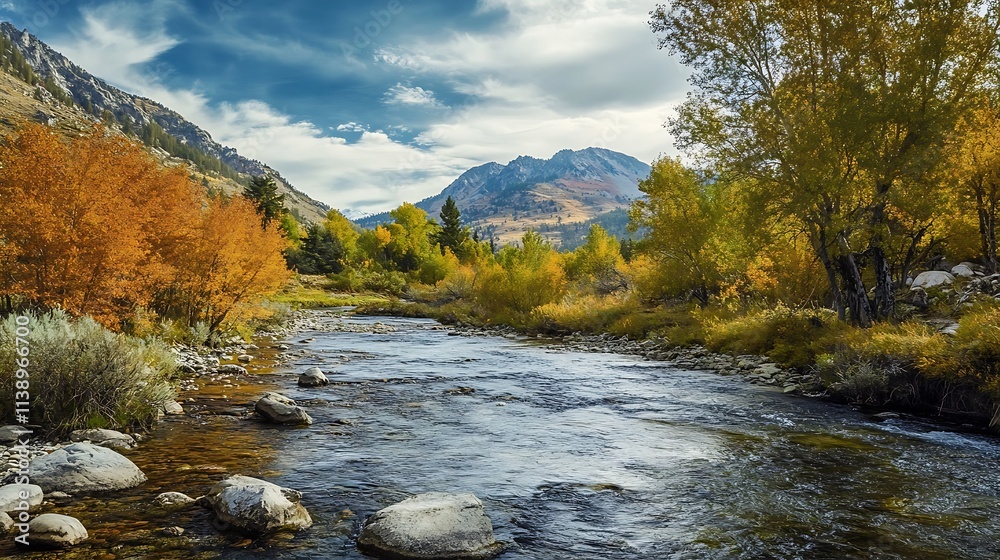 Autumn Mountain River. Scenic Fall Landscape with Colorful Trees and Mountains. Autumn Mountain River. Scenic Fall Landscape with Colorful Trees and Mountains.