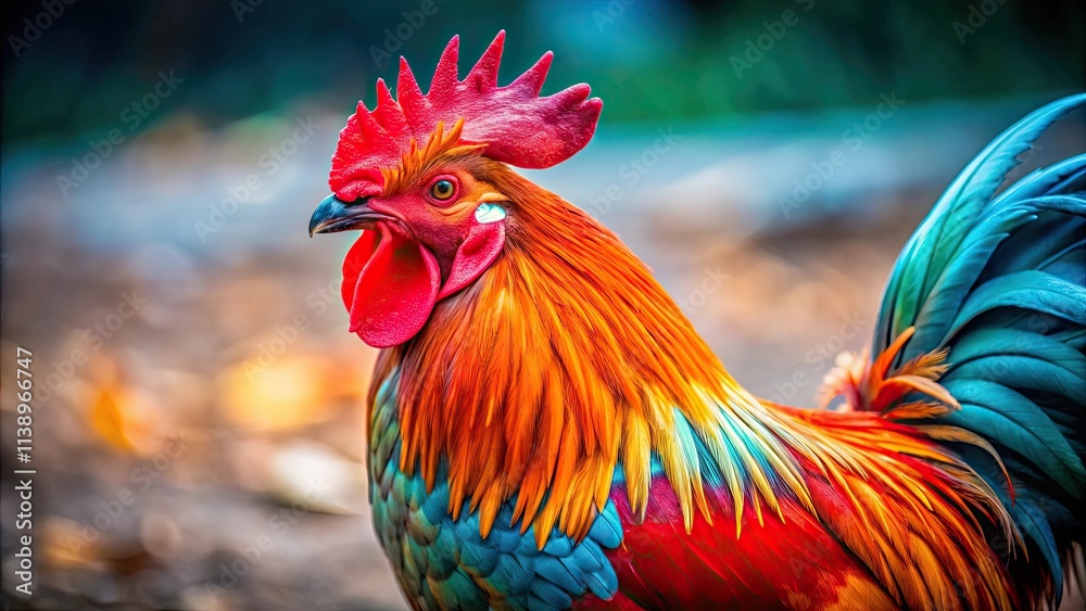 Fototapeta premium Chicken in bright red plumage with turquoise wings feathers