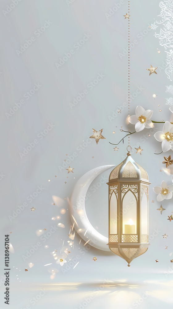 Fototapeta premium The Illuminated Arabic Lantern with Crescent Moon and Islamic Patterns. Ideal for Ramadan and Eid celebrations, spiritual decor, and cultural designs that celebrate Islamic art and tradition.