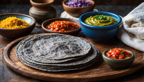 Handmade Blue Corn Tortillas with Salsas on a Wooden Tray photo