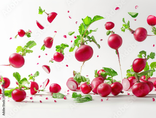 Various falling fresh ripe radish on light white background, horizontal composition