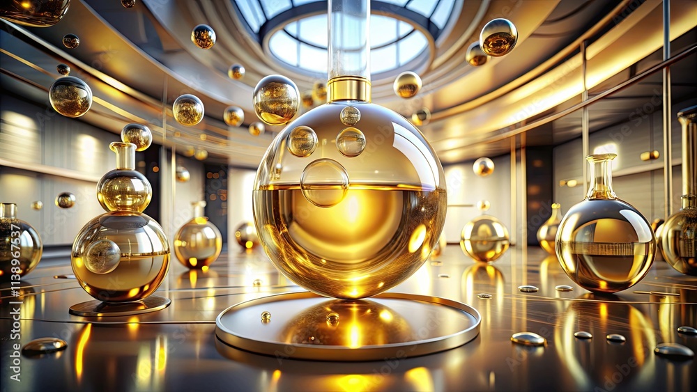 Golden liquid oil bubble in rendering of a futuristic laboratory setup, artificial intelligence Golden liquid oil bubble in rendering of a futuristic laboratory setup, artificial intelligence