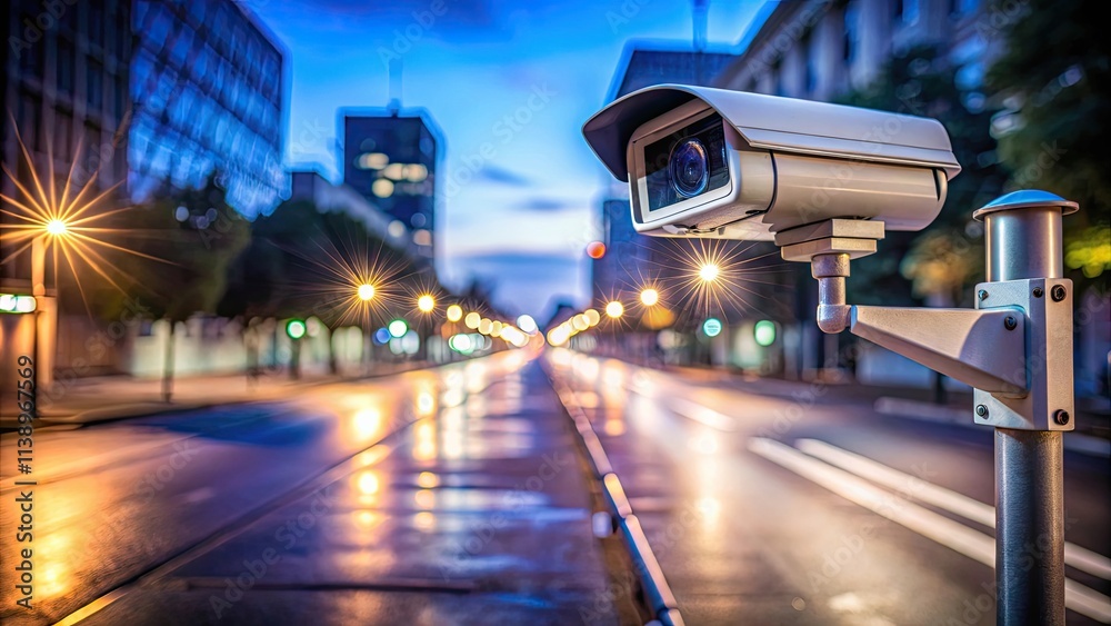 A lone security camera stands watch on a deserted street at night, security cameras A lone security camera stands watch on a deserted street at night, security cameras