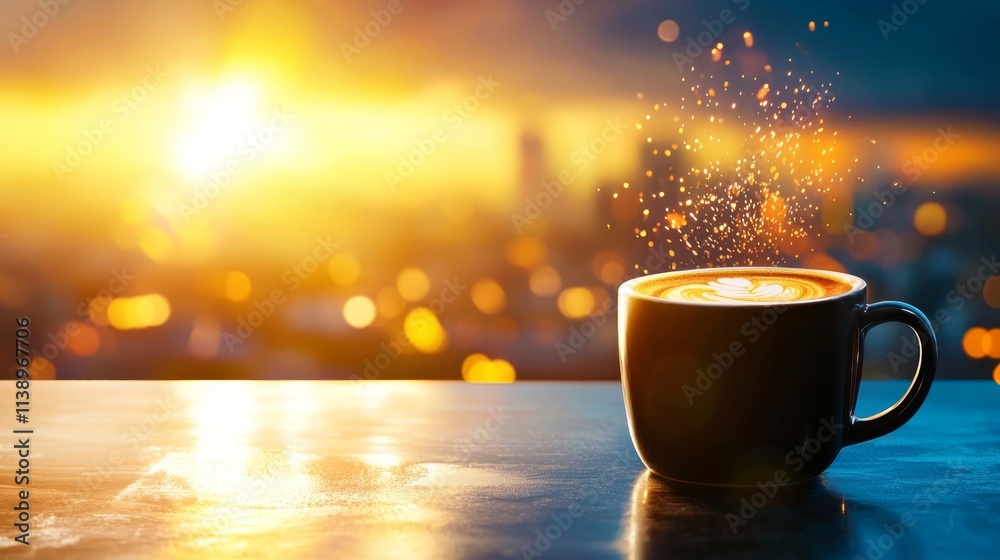 Obraz premium Iconic Coffee Cup Against a Scenic Sunrise Background with Bokeh Effects and Warm Light Highlights