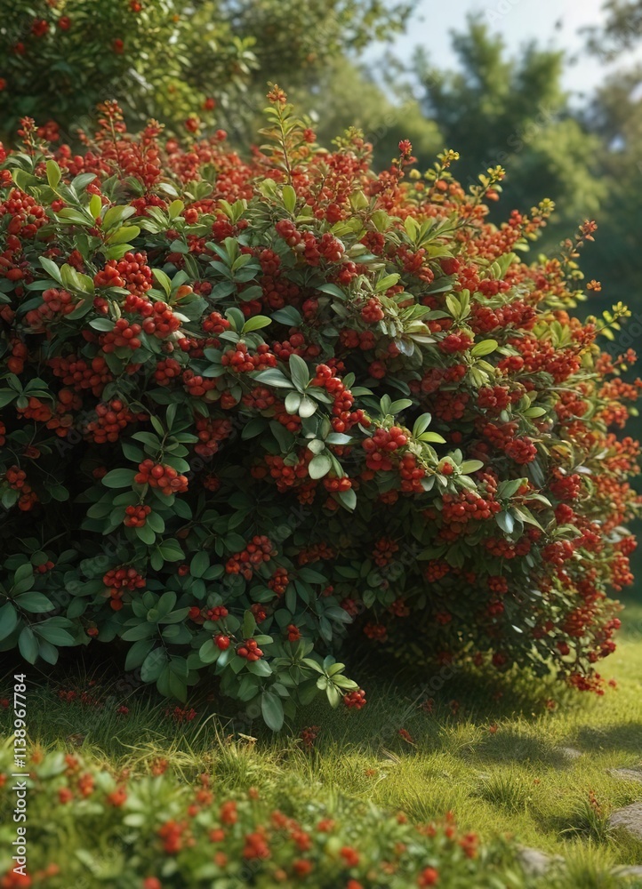Compact Cotoneaster dammeri with bright red berries and a lush carpet of green leaves around it, coniferous, small fruit Compact Cotoneaster dammeri with bright red berries and a lush carpet of green leaves around it, coniferous, small fruit