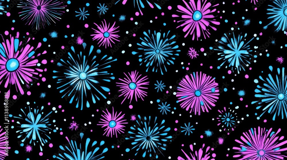Pink and cyan burst patterns on black background. Pink and cyan burst patterns on black background.