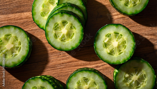 Fresh Sliced Cucumber on Rustic Wooden Plate photo