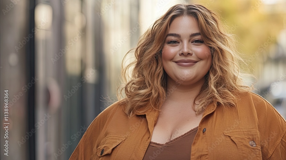 Happy plus-size woman smiling outdoors. Happy plus-size woman smiling outdoors.