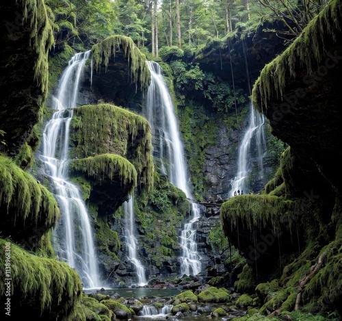 A serene waterfall cascading through lush greenery and moss-covered rocks.