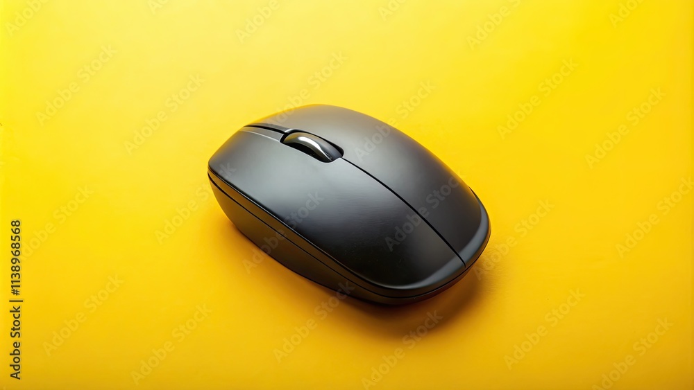 Black wireless mouse on yellow background, black mouse Black wireless mouse on yellow background, black mouse