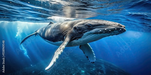 Whale swimming near the surface with its blowhole and nostrils, ocean, marine life, sea creature, underwater