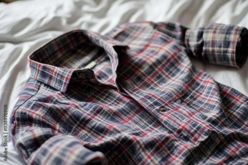 A folded plaid shirt resting on a white bedspread. A folded plaid shirt resting on a white bedspread.