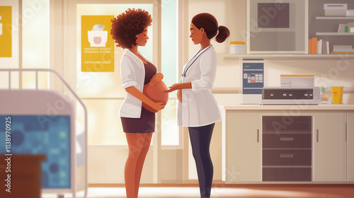 Pregnant Woman with Doctor Palpating Abdomen: Routine Prenatal Visit with Obstetrician