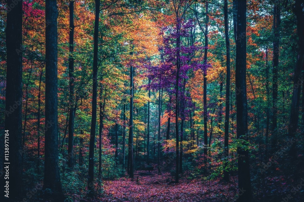 Obraz premium A vibrant forest scene showcasing autumn foliage in various colors.