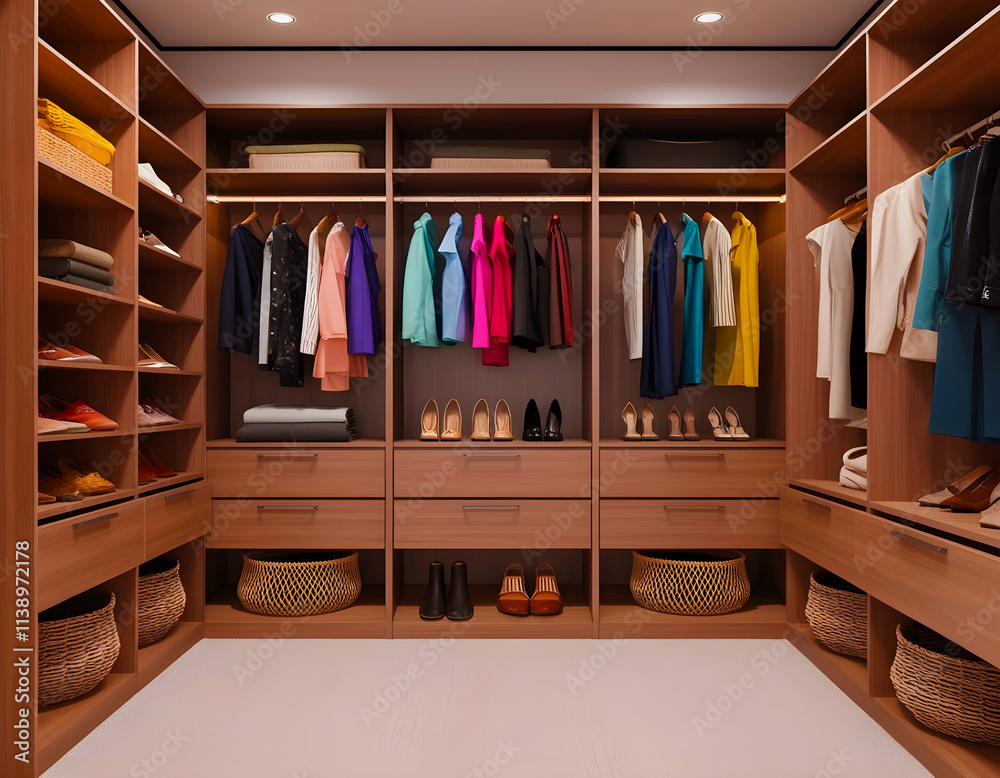 Organized Walk-In Closet with Neutral Tones and Recessed Lighting