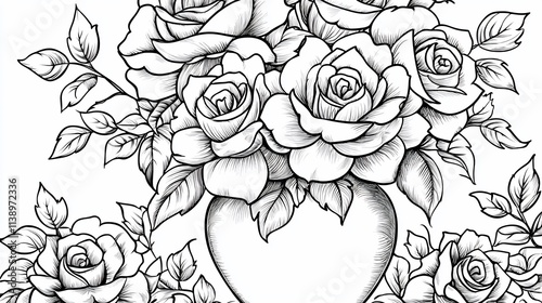 Fototapeta Naklejka Na Ścianę i Meble -  Monochrome heart-shaped vase filled with detailed roses and leaves.