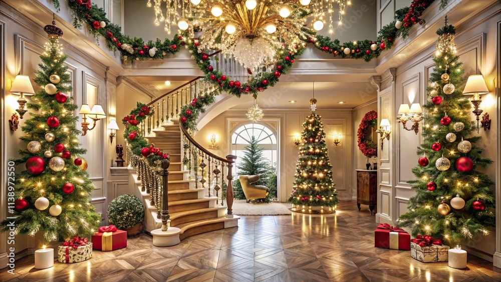 Fototapeta premium Decorated Foyer with Sparkling Ornaments and Garlands, halls, festive decorations, sparkles, twinkles, garlands