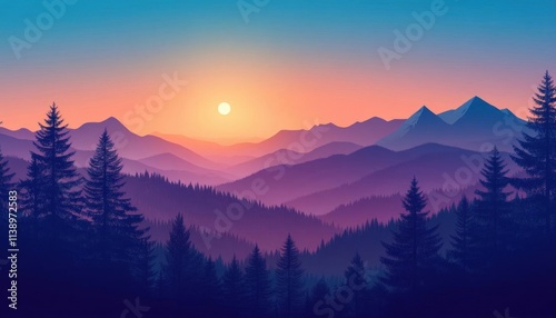 A serene sunset over layered mountains and evergreen trees.