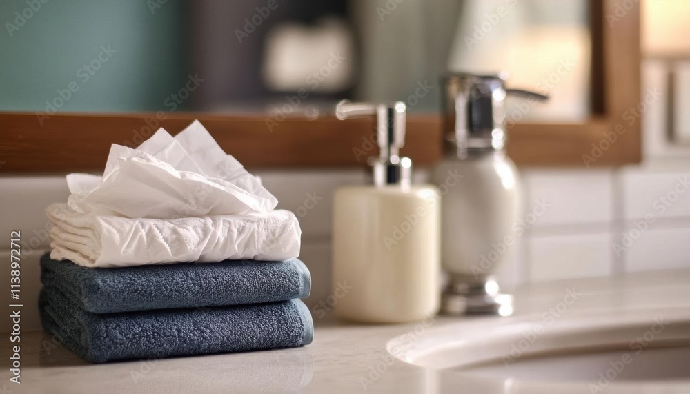 A neatly arranged bathroom scene with towels and toiletries. A neatly arranged bathroom scene with towels and toiletries.