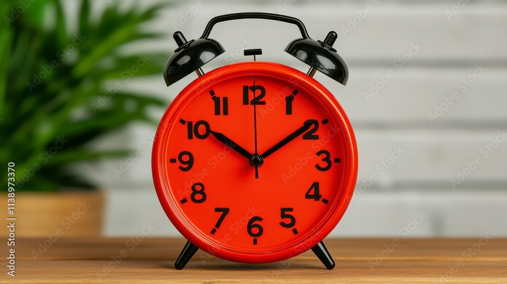 Red Alarm Clock on Wooden Table with Plant Background Red Alarm Clock on Wooden Table with Plant Background