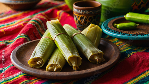 Fresh Tamales with Salsa Roja on a Rustic Plate photo