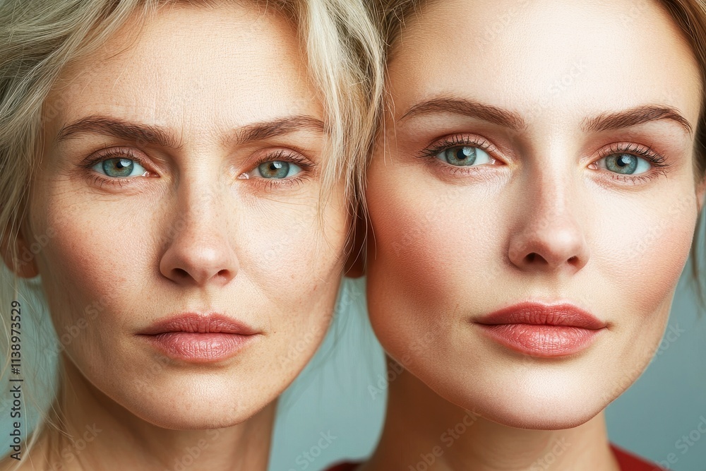Close-Up Portrait of Two Women with Natural Beauty, Soft Makeup, and Clear Skin, Emphasizing Expressions and Unique Features in Studio Lighting Close-Up Portrait of Two Women with Natural Beauty, Soft Makeup, and Clear Skin, Emphasizing Expressions and Unique Features in Studio Lighting