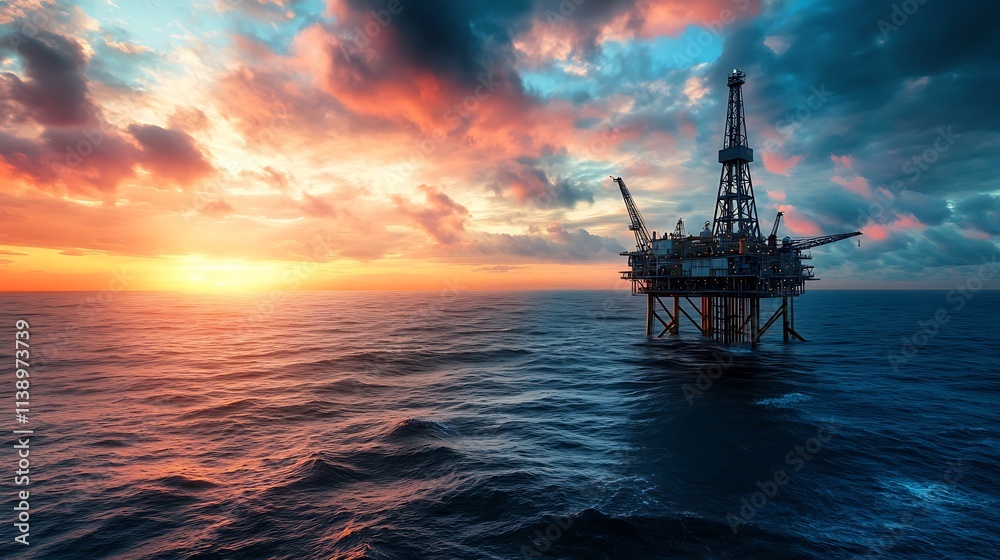 Offshore Oil Rig at Sunset. Energy Industry, Resource Extraction, and Environmental Impact. Offshore Oil Rig at Sunset. Energy Industry, Resource Extraction, and Environmental Impact.