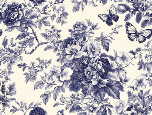 hyper realistic photo of  seamless tiled botanical toile print