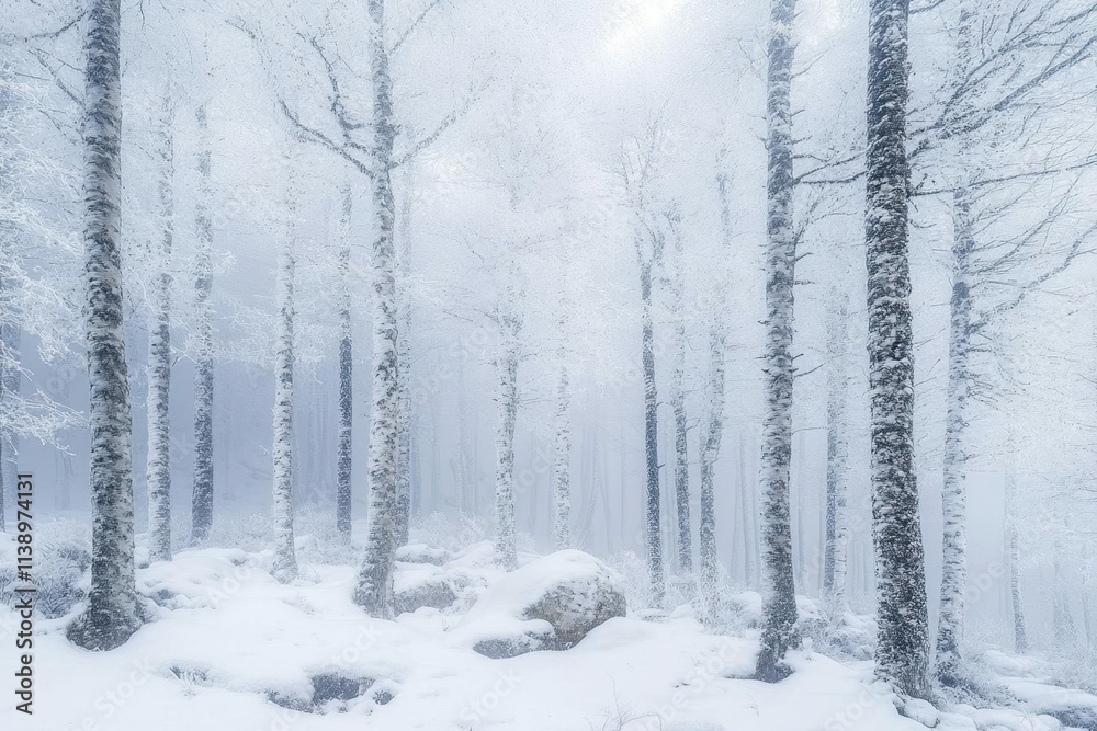 A tranquil winter forest shrouded in fog and snow. A tranquil winter forest shrouded in fog and snow.