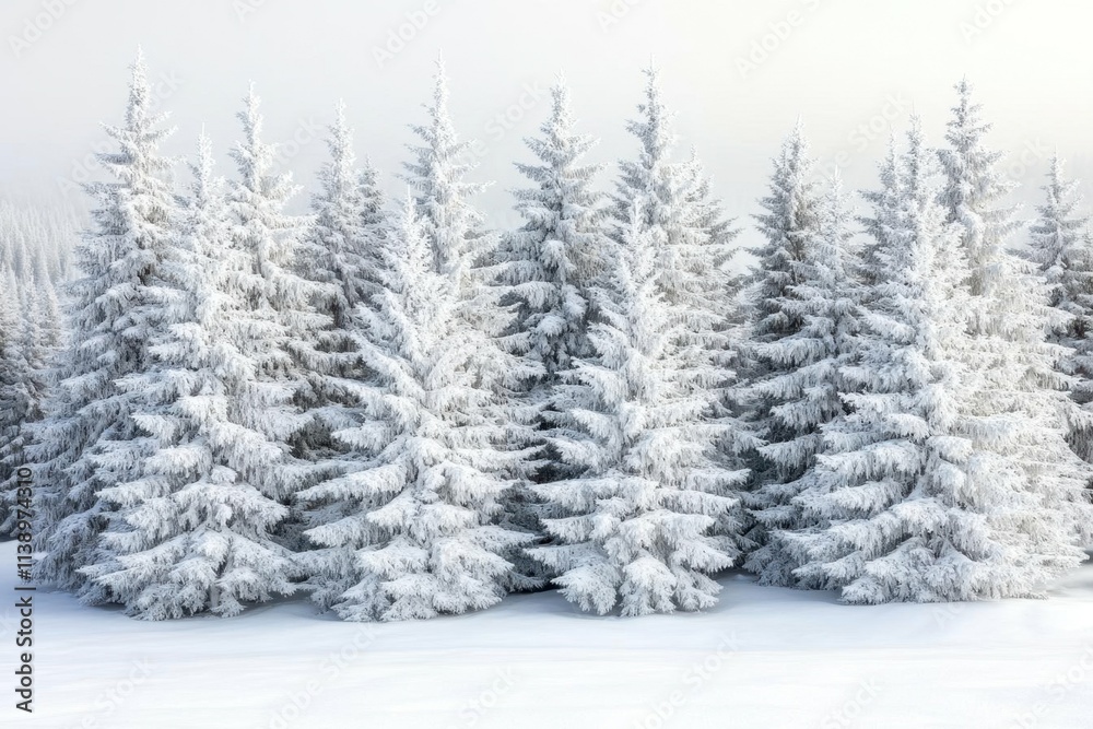 Snow-covered evergreen trees in a serene winter landscape. Snow-covered evergreen trees in a serene winter landscape.