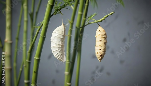 Small white butterfly chrysalis on a branch of bamboo cane, insect life, branch