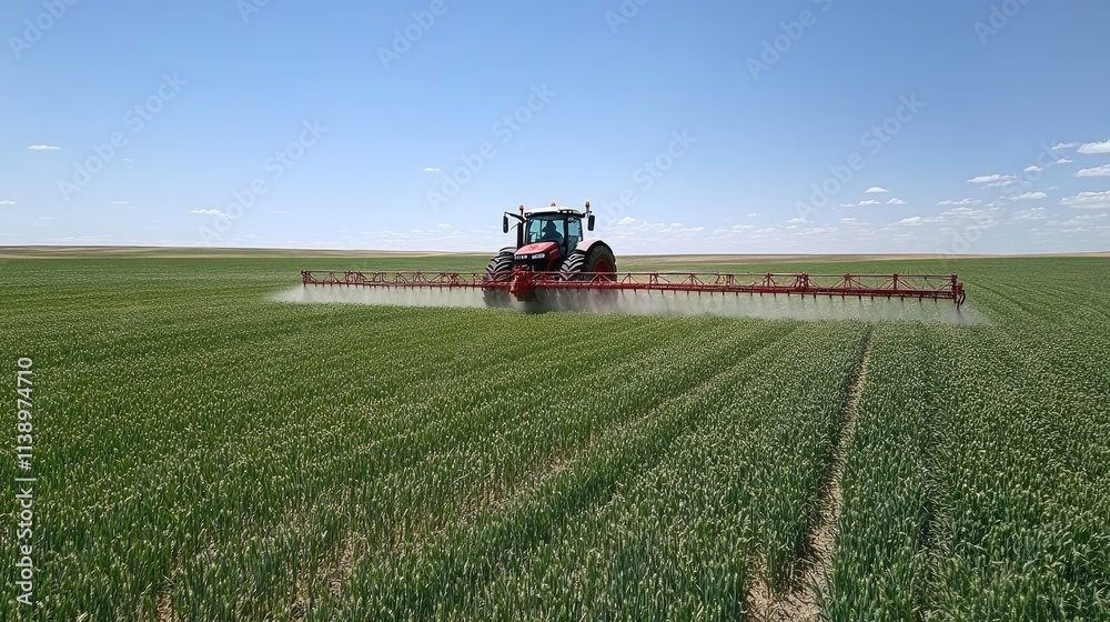 Fototapeta premium Tractor Spraying Fertilizer Over Green Field Landscape