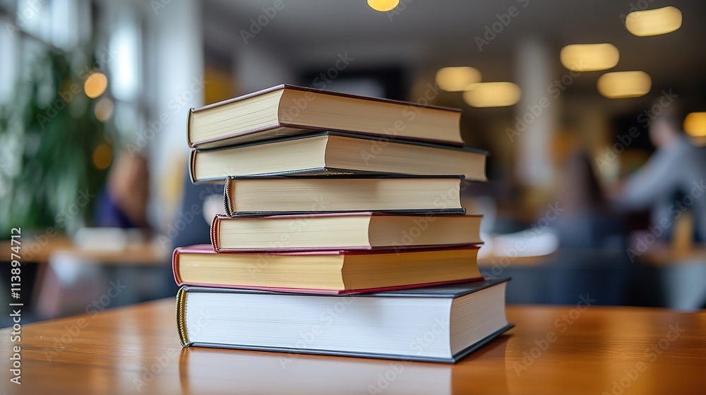 Fototapeta premium Stack of books on table in a library, blurred background