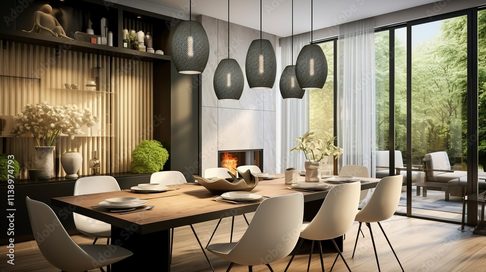 Fototapeta premium Chic Dining Area with White Pendant Lamps