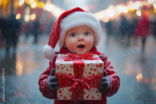 Baby boy startled in a red santa cap, with christmas season box. Lively yule. Holiday gift box. Holiday merry gift. Kid santa hat. Merry christmas cheer. Christmas cheer box. Kid santa fu. photo