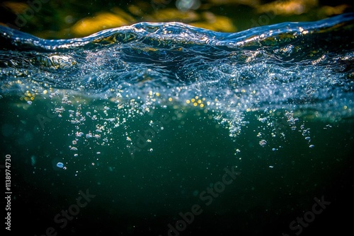 Underwater view of the coral reef in a shore with breaking waves , isolated on white background,  , copy space, copy space for text, photo