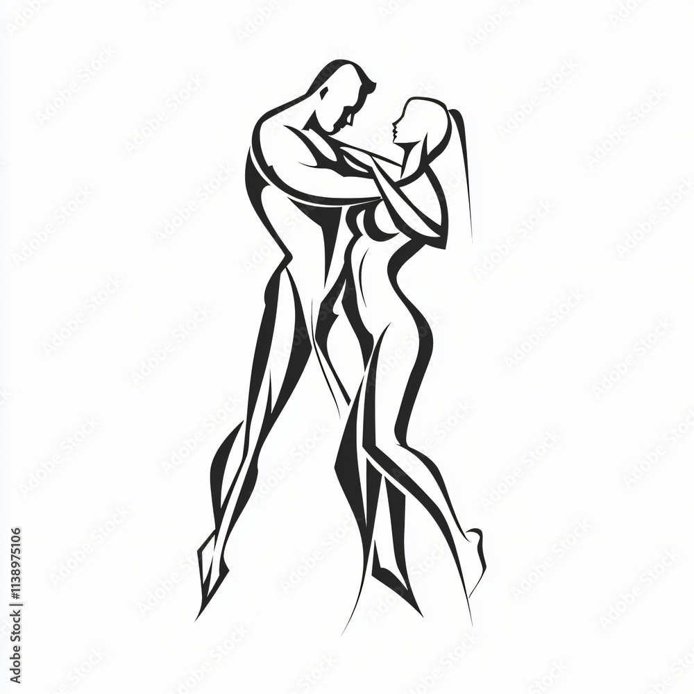 Fototapeta premium minimalist vector logo of elegant ballroom dance couple performing synchronized movement isolated on white background 
