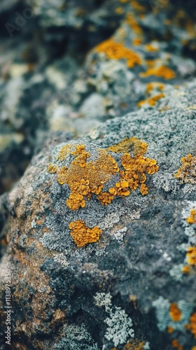 Close-up of a rock covered in orange and green lichen. photo