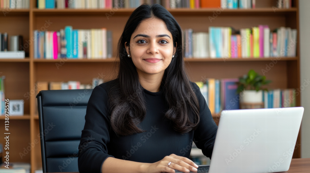 focused Indian businesswoman working from home at her desk, smiling