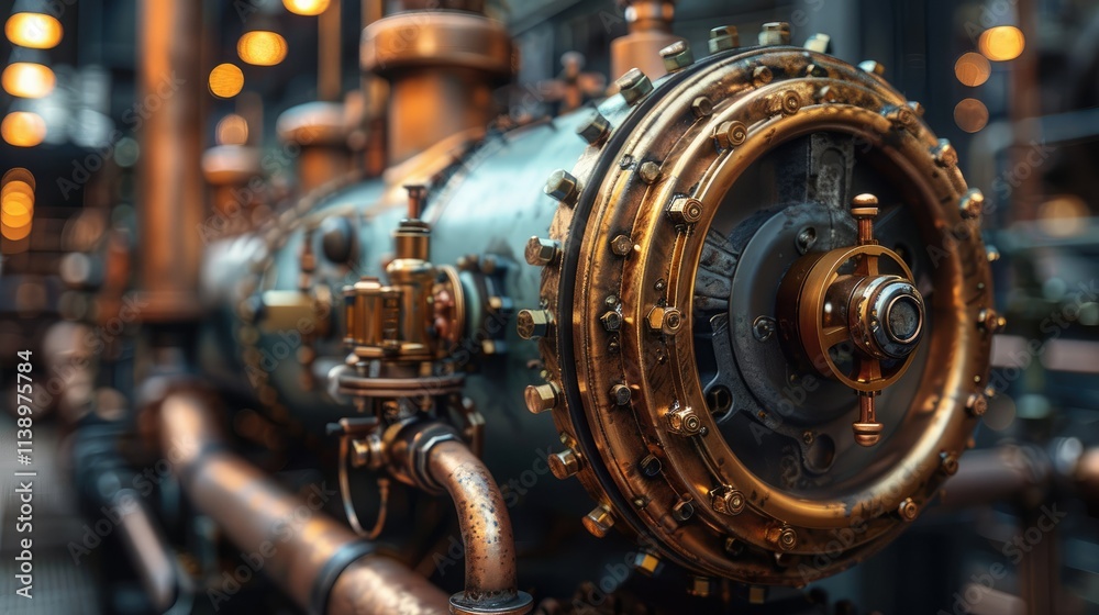Close-up of intricate steampunk-style engine mechanism with copper pipes and brass details. Close-up of intricate steampunk-style engine mechanism with copper pipes and brass details.