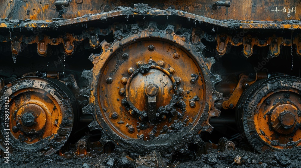 Close-up of muddy, rusty tank treads and wheels. Close-up of muddy, rusty tank treads and wheels.