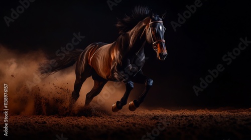 Majestic Dark Horse in Motion: A Breathtaking Equestrian Photography photo